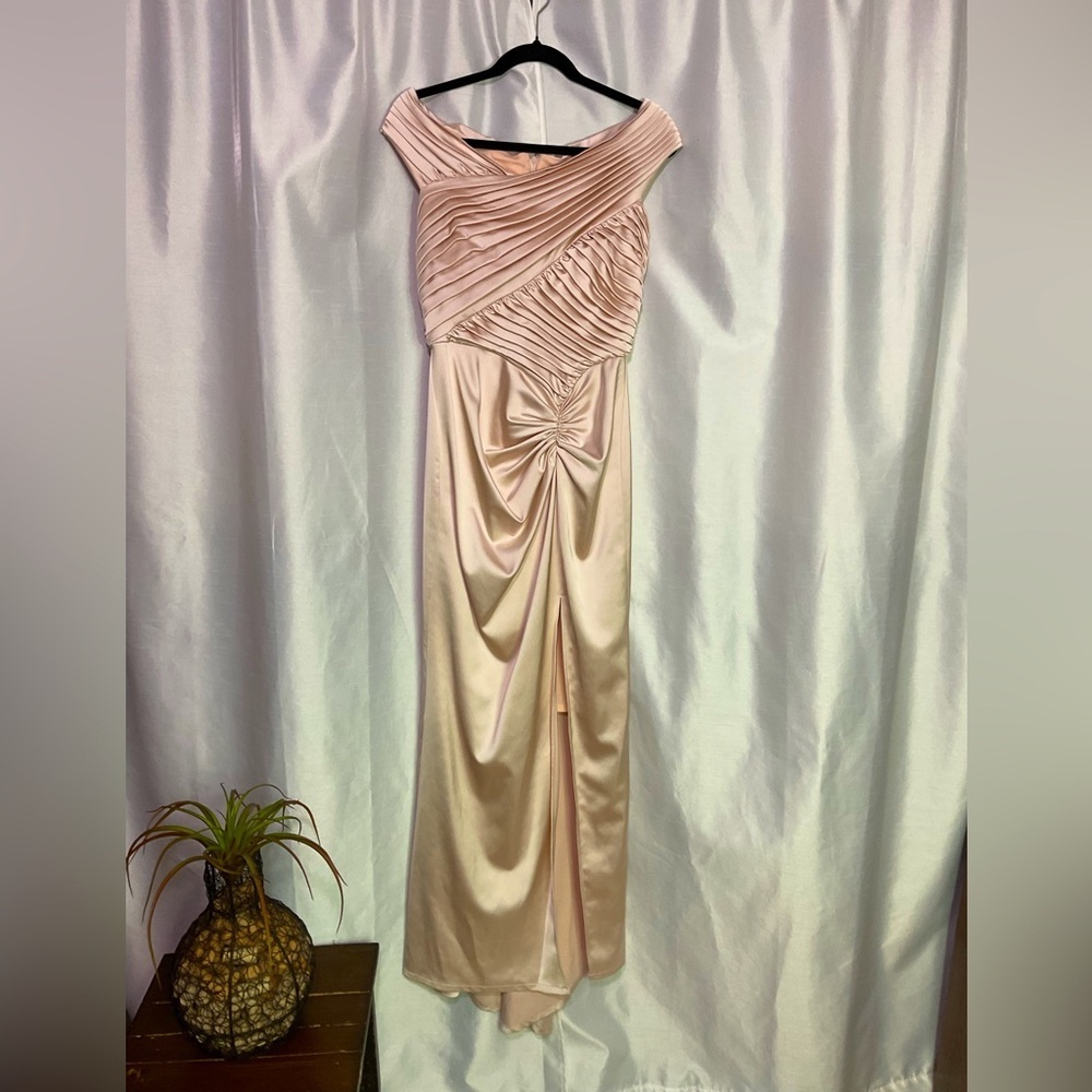 Tadashi Collection Champagne / Pale Pink Asymmetrical Ruched Gown